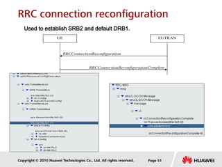 Copyright © 2010 Huawei Technologies Co., Ltd. All rights reserved.
RRC connection reconfiguration
Page 51
RRCConnectionReconfigurationComplete
RRCConnectionReconfiguration
UE EUTRAN
Used to establish SRB2 and default DRB1.
 
