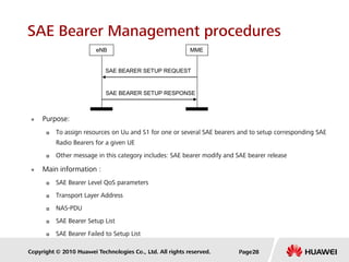 Copyright © 2010 Huawei Technologies Co., Ltd. All rights reserved.
SAE Bearer Management procedures
 Purpose:
 To assign resources on Uu and S1 for one or several SAE bearers and to setup corresponding SAE
Radio Bearers for a given UE
 Other message in this category includes: SAE bearer modify and SAE bearer release
 Main information :
 SAE Bearer Level QoS parameters
 Transport Layer Address
 NAS-PDU
 SAE Bearer Setup List
 SAE Bearer Failed to Setup List
SAE BEARER SETUP RESPONSE
SAE BEARER SETUP REQUEST
eNB MME
Page28
 