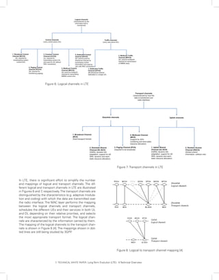 Figure 6: Logical channels in LTE




                                                                               Figure 7: Transport channels in LTE



In LTE, there is significant effort to simplify the number
and mappings of logical and transport channels. The dif-
ferent logical and transport channels in LTE are illustrated
in Figures 6 and 7 respectively. The transport channels are
                    ,
distinguished by the characteristics (e.g. adaptive modula-
tion and coding) with which the data are transmitted over
the radio interface. The MAC layer performs the mapping
between the logical channels and transport channels,
schedules the different UEs and their services in both UL
and DL depending on their relative priorities, and selects
the most appropriate transport format. The logical chan-
nels are characterized by the information carried by them.
The mapping of the logical channels to the transport chan-
nels is shown in Figure 8 [4]. The mappings shown in dot-
ted lines are still being studied by 3GPP.




                                                                               Figure 8: Logical to transport channel mapping [4]


                            7 TECHNICAL WHITE PAPER: Long Term Evolution (LTE): A Technical Overview
                             .
 