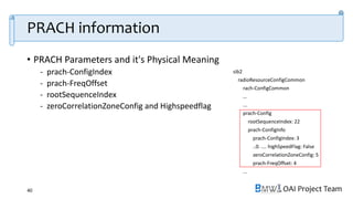 OAI Project Team
PRACH information
• PRACH Parameters and it's Physical Meaning
- prach-ConfigIndex
- prach-FreqOffset
- rootSequenceIndex
- zeroCorrelationZoneConfig and Highspeedflag
40
sib2
radioResourceConfigCommon
rach-ConfigCommon
…
...
prach-Config
rootSequenceIndex: 22
prach-ConfigInfo
prach-ConfigIndex: 3
..0. .... highSpeedFlag: False
zeroCorrelationZoneConfig: 5
prach-FreqOffset: 4
...
 
