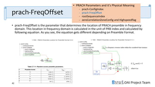OAI Project Team
prach-FreqOffset
• prach-FreqOffset is the parameter that determines the location of PRACH preamble in frequency
domain. This location in frequency domain is calculated in the unit of PRB index and calculated by
following equation. As you see, the equation gets different depending on Preamble Format.
42
• PRACH Parameters and it's Physical Meaning
- prach-ConfigIndex
- prach-FreqOffset
- rootSequenceIndex
- zeroCorrelationZoneConfig and Highspeedflag
 
