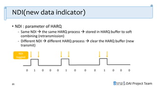 OAI Project Team
NDI(new data indicator)
• NDI : parameter of HARQ
- Same NDI  the same HARQ process  stored in HARQ buffer to soft
combining (retransmission)
- Different NDI  different HARQ process  clear the HARQ buffer (new
transmit)
89
0 1 0 0 0 1 0 0 0 1 0 0 0
NDI
toggled
 