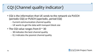 OAI Project Team
CQI (Channel quality indicator)
• CQI is the information that UE sends to the network via PUCCH
(periodic CQI) or PUSCH (aperiodic, period CQI)
- Current communication channel quality
- UE wants to get the data with transport block size
• The CQI value ranges from 0 ~ 30
- 30 indicates the best channel quality
- 0,1 indicates the poorest channel quality
96
 