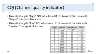 OAI Project Team
CQI (Channel quality indicator)
• Base station gets “high” CQI value from UE  transmit the data with
“larger” transport block size
• Base station gets “low” CQI value from UE  transmit the data with
“smaller” transport block size
98
 