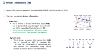  System Information (SI)
• System Information is repeatedly broadcasted by LTE eNB over logical channel BCCH
• There are two parts in System Information –
• Dynamic part :
• This is known as system information block (SIB)
and is mapped on RRC SI messages (SI-
1,2,3,4,5,6,7,8,9,10,11) which is mapped over DL-
SCH channel and transmitted using PDSCH
physical channel at defined periodic intervals.
• Static Part :
• This is known as master information block (MIB)
and is transmitted using transport channel BCH
and BCH is mapped to Physical channel P-BCH.
• MIB is transmitted once every 40ms that means
BCH Transmissions Time Interval (TTI) is 40 ms.
 