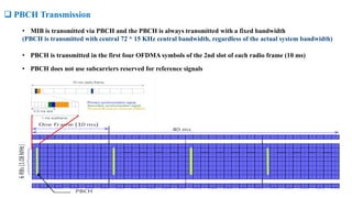  PBCH Transmission
• MIB is transmitted via PBCH and the PBCH is always transmitted with a fixed bandwidth
(PBCH is transmitted with central 72 * 15 KHz central bandwidth, regardless of the actual system bandwidth)
• PBCH is transmitted in the first four OFDMA symbols of the 2nd slot of each radio frame (10 ms)
• PBCH does not use subcarriers reserved for reference signals
 