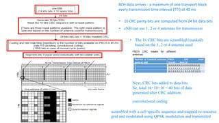 BCH data arrives - a maximum of one transport block
every transmission time interval (TTI) of 40 ms
• 16 CRC parity bits are computed from 24 bit data bits
• eNB can use 1, 2 or 4 antennas for transmission
• The 16 CRC bits are scrambled (masked)
based on the 1, 2 or 4 antenna used
Number of Transmit antenna
ports at eNB
PBCH CRC mask
{Xant0,……Xant15}
1 {0,0,0,0,0,0,0,0,0,0,0,0,0,0,0,0}
2 {1,1,1,1,1,1,1,1,1,1,1,1,1,1,1,1}
4 {0,1,0,1,0,1,0,1, 0,1,0,1,0,1,0,1}
PBCH CRC masks for different
antennas
Next, CRC bits added to data bits.
So, total 14+10+16 = 40 bits of data
generated after CRC addition.
convolutional coding
scrambled with a cell-specific sequence and mapped to resource
grid and modulated using QPSK modulation and transmitted
 