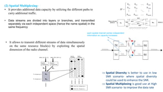 (2) Spatial Multiplexing-
• It provides additional data capacity by utilizing the different paths to
carry additional traffic.
• It allows to transmit different streams of data simultaneously
on the same resource block(s) by exploiting the spatial
dimension of the radio channel.
• Data streams are divided into layers or branches, and transmitted
separately via each independent space (hence the name spatial) in the
same frequency
each spatial channel carries independent
information so capacity increases
 Spatial Diversity is better to use in low
SNR scenario- where spatial diversity
could be used to enhance the SNR.
 Spatial Multiplexing is good use at High
SNR scenario- to improve the data rate
 