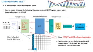  How to solve this issue ?
x1, x2,…xNc
x1
xNc
IFFT
Add
Cyclic
Prefix
RF
Up-conversion
& Amplification
• If we use single carrier- then PAPR is lower
• How to create single carrier but using N sub-carrier e.g. OFDMA system (as we want
to use advantages of OFDM)
N- Point
DFT
(DFT
spread)
Map Nc Symbols
into Nc Sub-carriers
• Here, FFT/DFT and IFFT will cancel each-other
• With this we can get single carrier but still
advantages of OFDM – we will not get &
problem of PAPR is not solved
Frequency DomainTime Domain Time Domain
 