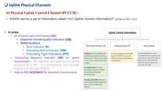  Uplink Physical Channels
(i) Physical Uplink Control Channel (PUCCH) :
• PUCCH carries a set of information called "UCI (Uplink Control Information)“ (similar to DCI in DL)
• It caries-
• DL channel state Information (CSI)
• Downlink channel quality indication (CQI)
• MIMO feedback
• Rank Indicator (RI)
• Precoding Matrix Indicator (PMI)
• Precoding Type Indicators (PTI)
• Scheduling Requests indicator (SRI) for uplink
transmission - UE indicates the need for an uplink
resource by a SRI – It is transmitted only through
PUCCH (not through PUSCH).
• Hybrid-ARQ ACK/NACK for downlink transmissions
 