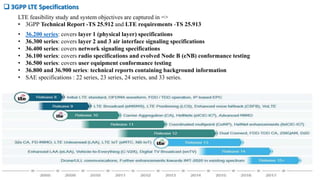  3GPP LTE Specifications
LTE feasibility study and system objectives are captured in =>
• 3GPP Technical Report -TS 25.912 and LTE requirements -TS 25.913
• 36.200 series: covers layer 1 (physical layer) specifications
• 36.300 series: covers layer 2 and 3 air interface signaling specifications
• 36.400 series: covers network signaling specifications
• 36.100 series: covers radio specifications and evolved Node B (eNB) conformance testing
• 36.500 series: covers user equipment conformance testing
• 36.800 and 36.900 series: technical reports containing background information
• SAE specifications : 22 series, 23 series, 24 series, and 33 series.
 