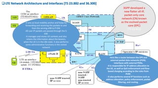 LTE Network Architecture and Interfaces [TS 23.882 and 36.300]
3GPP developed a
new flatter all-IP,
packet-only core
network (CN) known
as the evolved packet
core (EPC)
[TS 23.401]
-It acts as local mobility anchor and helps for
forwarding and receiving the packets to and
from the serving eNB to P-GW.
-All user IP packets are passed through the S-
GW.
-It manages and stores UE contexts and also
retains the information about the bearers,
when the UE is in the idle state. It also performs
some administrative functions in the visited
network
-Acts like a router between the EPS and
external packet data networks (PDN).
-Interfaces with external PDNs.
-It is responsible for IP address allocation to
the UE, as well as QoS enforcement and flow-
based charging according to the rules from
PCRF.
- It also performs several IP functions such as
address allocation, policy enforcement, packet
filtering, and routing.
 