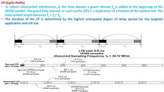 CP (Cyclic Prefix)
• To reduce intersymbol interference, in the time domain a guard interval Tg is added at the beginning of the
OFDM symbol. The guard time interval, or cyclic prefix (CP) is a duplication of a fraction of the symbol end. The
total symbol length becomes Ts = Tu+ Tg.
• The duration of the CP is determined by the highest anticipated degree of delay spread for the targeted
application and cell size
 