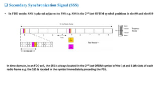  Secondary Synchronization Signal (SSS)
• In FDD mode: SSS is placed adjacent to PSS e.g. SSS is the 2nd last OFDM symbol positions in slot#0 and slot#10
In time domain, in an FDD cell, the SSS is always located in the 2nd last OFDM symbol of the 1st and 11th slots of each
radio frame e.g. the SSS is located in the symbol immediately preceding the PSS.
 