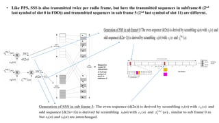 • Like PPS, SSS is also transmitted twice per radio frame, but here the transmitted sequences in subframe-0 (2nd
last symbol of slot 0 in FDD)) and transmitted sequences in sub frame 5 (2nd last symbol of slot 11) are different.
 