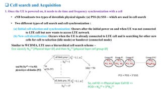  Cell search and Acquisition
1. Once the UE is powered on, it needs to do time and frequency synchronization with a cell
• eNB broadcasts two types of downlink physical signals: (a) PSS (b) SSS – which are used in cell search
• Two different types of cell search and cell synchronization :
(a) Initial cell selection and synchronization: Occurs after the initial power on and when UE was not connected
to LTE cell but now wants to access LTE network
(b) New cell identification: Occurs when the UE is already connected to LTE cell and is searching for other new
cells for cell re-selection (idle mode) or handover (connected mode)
Similar to WCDMA, LTE uses a hierarchical cell search scheme –
first identify Nid
(2) [Physical layer ID] and then Nid
(1) [physical layer cell group ID]
So, cell ID => Physical layer Cell ID =>
PCID = Nid
(2) + 3*Nid
(1)
 