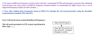 3. Next, after ranking these frequencies based on RSSI, UE attempts the cell search procedure using the downlink
synchronization channels (PSS and SSS).
2. UE tunes to different Frequency carriers in the selected / commanded PLMN and attempts to measure the wideband
received power for each carrier (EARFCN frequency channel number as commanded by higher layer) over a set of
supported frequency bands one after another …
Next: Cell Search starts on that identified cell frequency:-
The cell search procedure in LTE system is performed in
three steps. ……
 