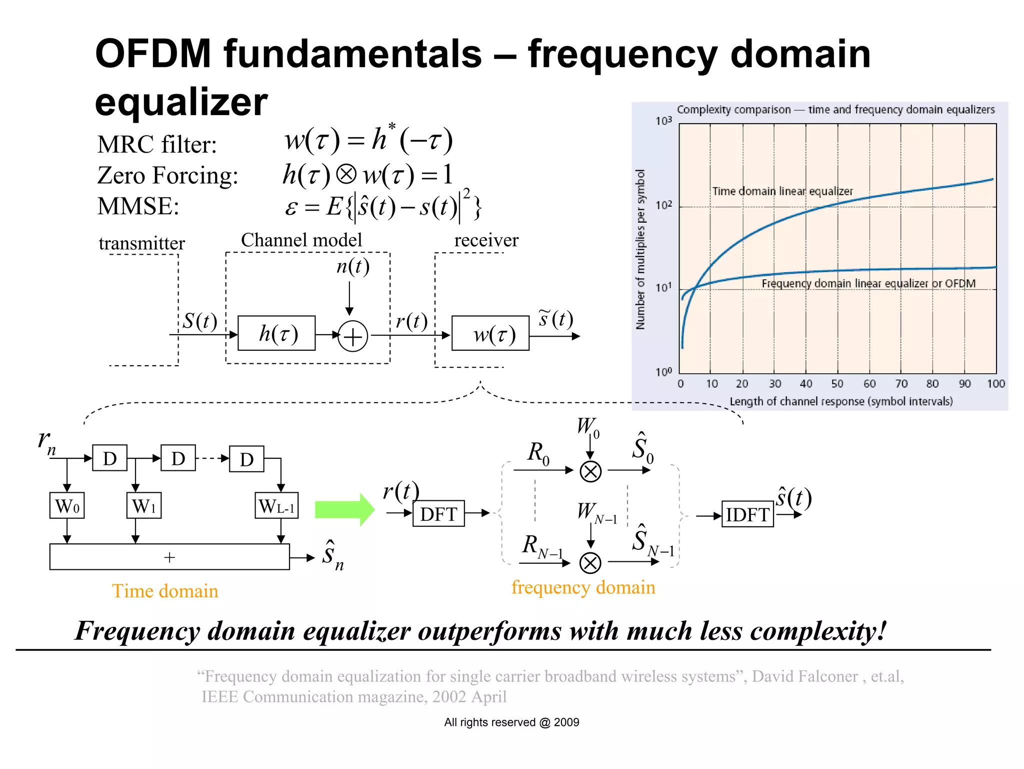OFDM fundamentals – frequency domain
      equalizer
      MRC filter:
                  *
                                   w(τ ) = h (−τ )
      Zero Forcing:                h(τ ) ⊗ w(τ ) = 1
                                    ε = E{ s(t ) − s(t ) }
                                                     2
      MMSE:                                ˆ
      transmitter            Channel model                    receiver
                                          n(t )

                    S (t )                          r (t )                     ~ (t )
                                                                               s
                                 h(τ )     +                      w(τ )


                                                                                        W0
rn                                                                          R0                  ˆ
                                                                                                S0
                                                                                        ⊗
       D        D            D
                                                  r (t )                                                        ˆ
                                                                                                                s(t )
 W0        W1                    WL-1                      DFT                          WN −1            IDFT
                                                                           RN −1                ˆ
                                                                                                S N −1
                +                        ˆ
                                         sn                                             ⊗
        Time domain                                                      frequency domain

     Frequency domain equalizer outperforms with much less complexity!
                      “Frequency domain equalization for single carrier broadband wireless systems”, David Falconer , et.al,
                       IEEE Communication magazine, 2002 April
                                                             All rights reserved @ 2009
 