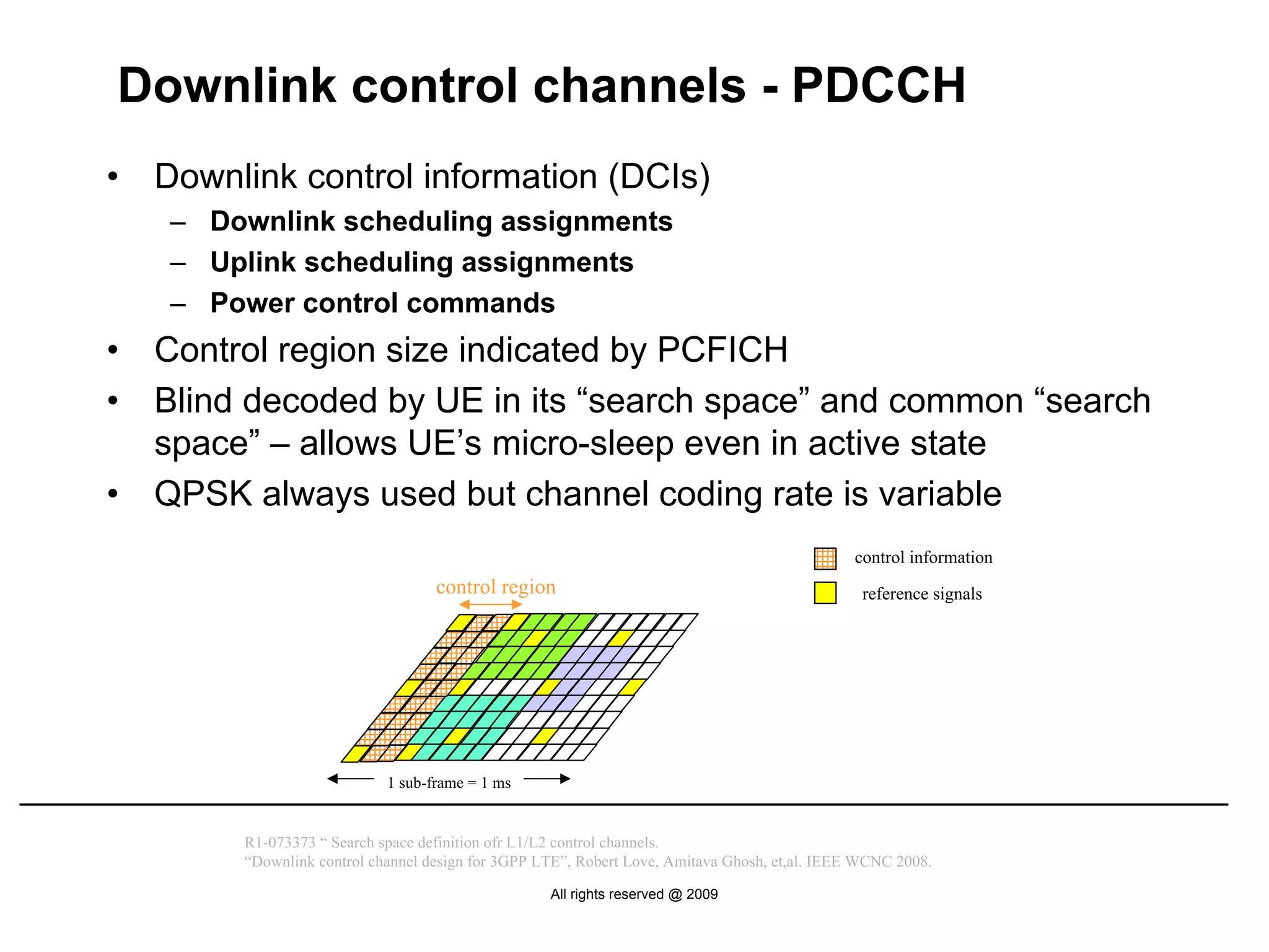 Downlink control channels - PDCCH
•   Downlink control information (DCIs)
     – Downlink scheduling assignments
     – Uplink scheduling assignments
     – Power control commands
•   Control region size indicated by PCFICH
•   Blind decoded by UE in its “search space” and common “search
    space” – allows UE’s micro-sleep even in active state
•   QPSK always used but channel coding rate is variable
                                                                                               control information
                                    control region                                               reference signals




                             1 sub-frame = 1 ms


         R1-073373 “ Search space definition ofr L1/L2 control channels.
         “Downlink control channel design for 3GPP LTE”, Robert Love, Amitava Ghosh, et,al. IEEE WCNC 2008.

                                                    All rights reserved @ 2009
 