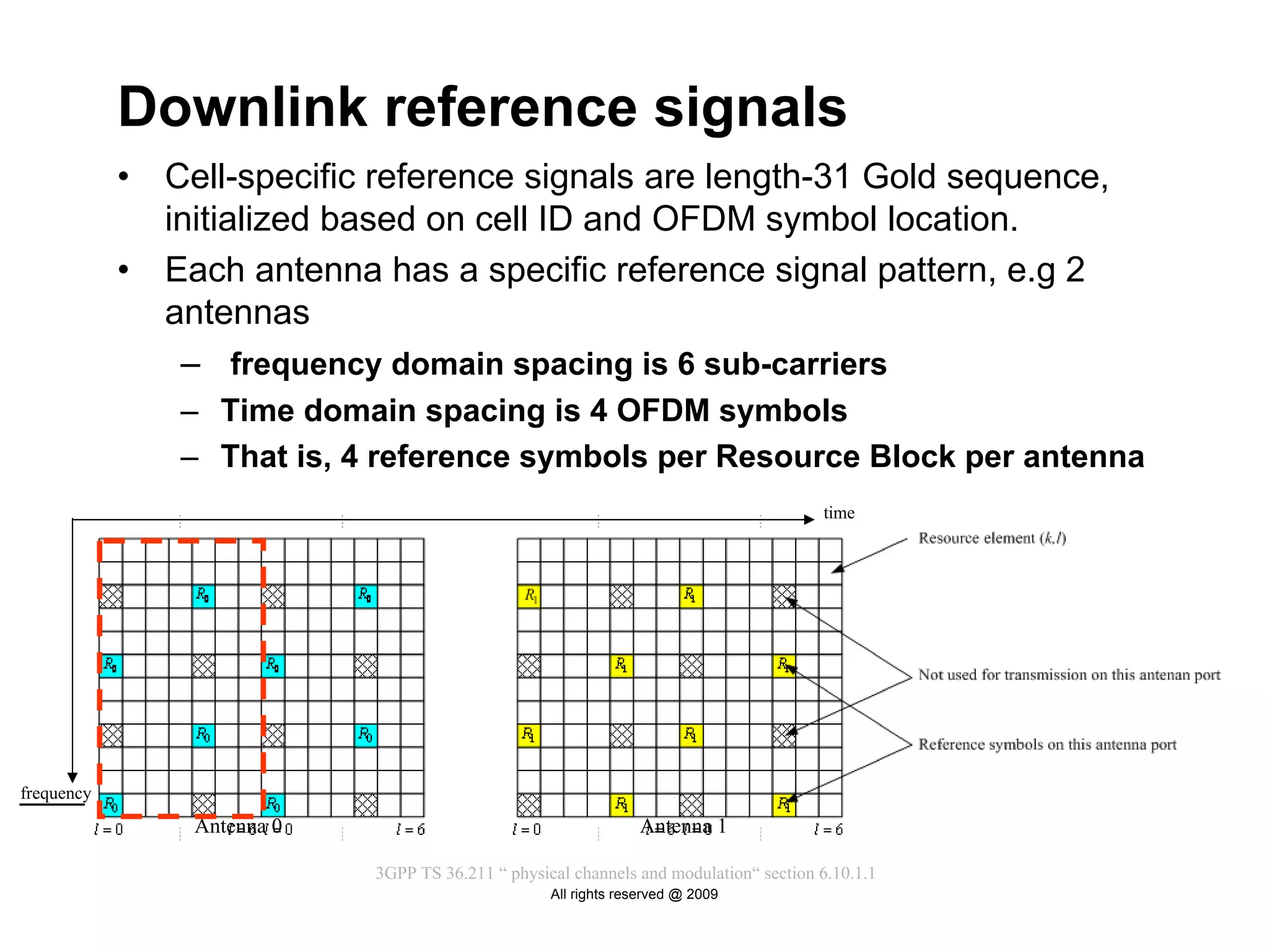 Downlink reference signals
            •   Cell-specific reference signals are length-31 Gold sequence,
                initialized based on cell ID and OFDM symbol location.
            •   Each antenna has a specific reference signal pattern, e.g 2
                antennas
                 – frequency domain spacing is 6 sub-carriers
                 – Time domain spacing is 4 OFDM symbols
                 – That is, 4 reference symbols per Resource Block per antenna
                                                                                        time




frequency
                 Antenna 0                                       Antenna 1

                             3GPP TS 36.211 “ physical channels and modulation“ section 6.10.1.1
                                                    All rights reserved @ 2009
 