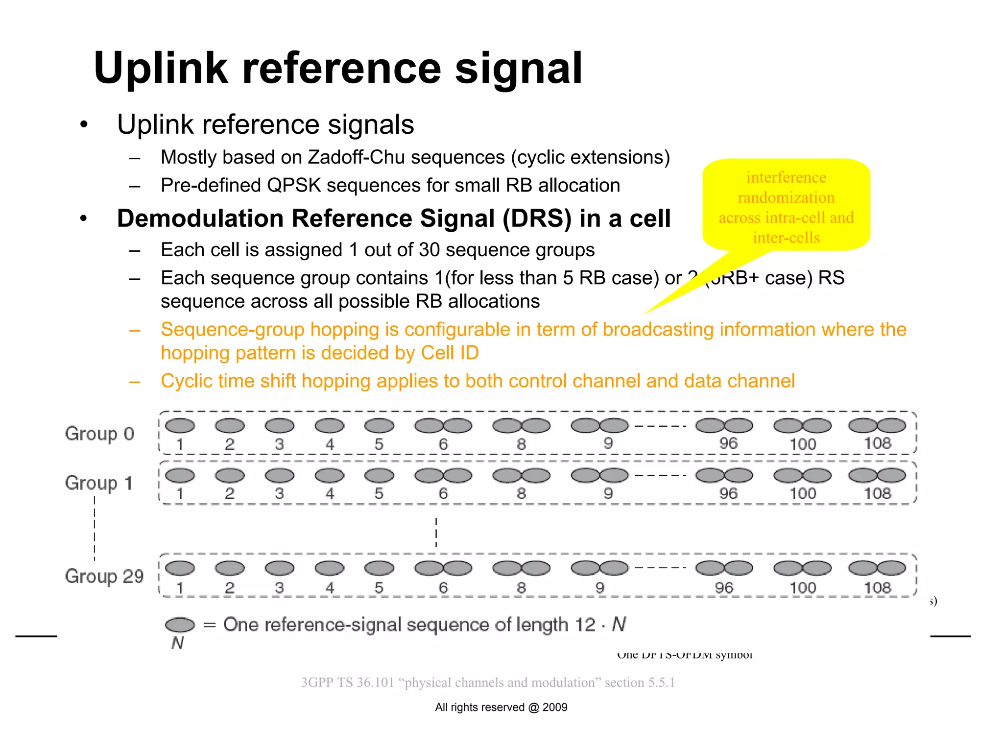 Uplink reference signal
•    Uplink reference signals
      –   Mostly based on Zadoff-Chu sequences (cyclic extensions)
                                                                                                   interference
      –   Pre-defined QPSK sequences for small RB allocation
                                                                                                  randomization
•    Demodulation Reference Signal (DRS) in a cell                                             across intra-cell and
                                                                                                    inter-cells
      –   Each cell is assigned 1 out of 30 sequence groups
      –   Each sequence group contains 1(for less than 5 RB case) or 2 (6RB+ case) RS
          sequence across all possible RB allocations
      –   Sequence-group hopping is configurable in term of broadcasting information where the
          hopping pattern is decided by Cell ID
      –   Cyclic time shift hopping applies to both control channel and data channel
•    DRS on PUSCH
                               0
                               0
                               RS sequence




       block of       DFT                     OFDM
                                                                      add CP
                                    …
                                    …




                    (size M)                 modulator
     data symbols
                                                                                                                        Instantaneous
                                                                                                                          bandwidth
                               0                                                                                       (M sub-carriers)
                               0

                                                                                 One DFTS-OFDM symbol

                           3GPP TS 36.101 “physical channels and modulation” section 5.5.1
                                                    All rights reserved @ 2009
 