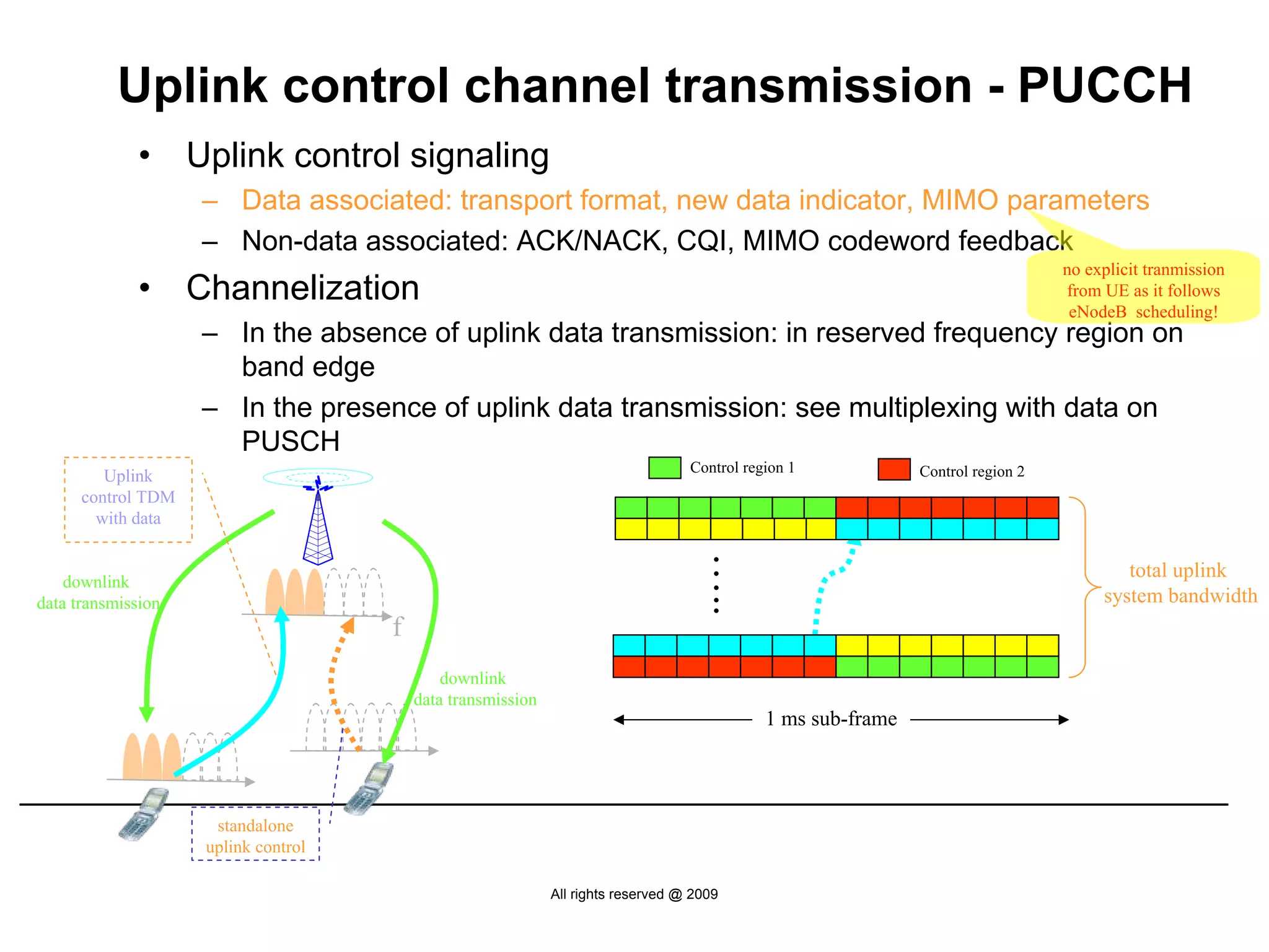 Uplink control channel transmission - PUCCH
             •      Uplink control signaling
                     – Data associated: transport format, new data indicator, MIMO parameters
                     – Non-data associated: ACK/NACK, CQI, MIMO codeword feedback
                                                                                                                                  no explicit tranmission
             •      Channelization                                                                                                from UE as it follows
                                                                                                                                   eNodeB scheduling!
                     – In the absence of uplink data transmission: in reserved frequency region on
                       band edge
                     – In the presence of uplink data transmission: see multiplexing with data on
                       PUSCH
                                                                                   Control region 1            Control region 2
         Uplink
      control TDM
        with data




                                                                                      …..
    downlink
                                                                                                                                          total uplink
data transmission                                                                                                                      system bandwidth
                                      f
                                              downlink
                                          data transmission
                                                                                              1 ms sub-frame



                      standalone
                     uplink control

                                                              All rights reserved @ 2009
 