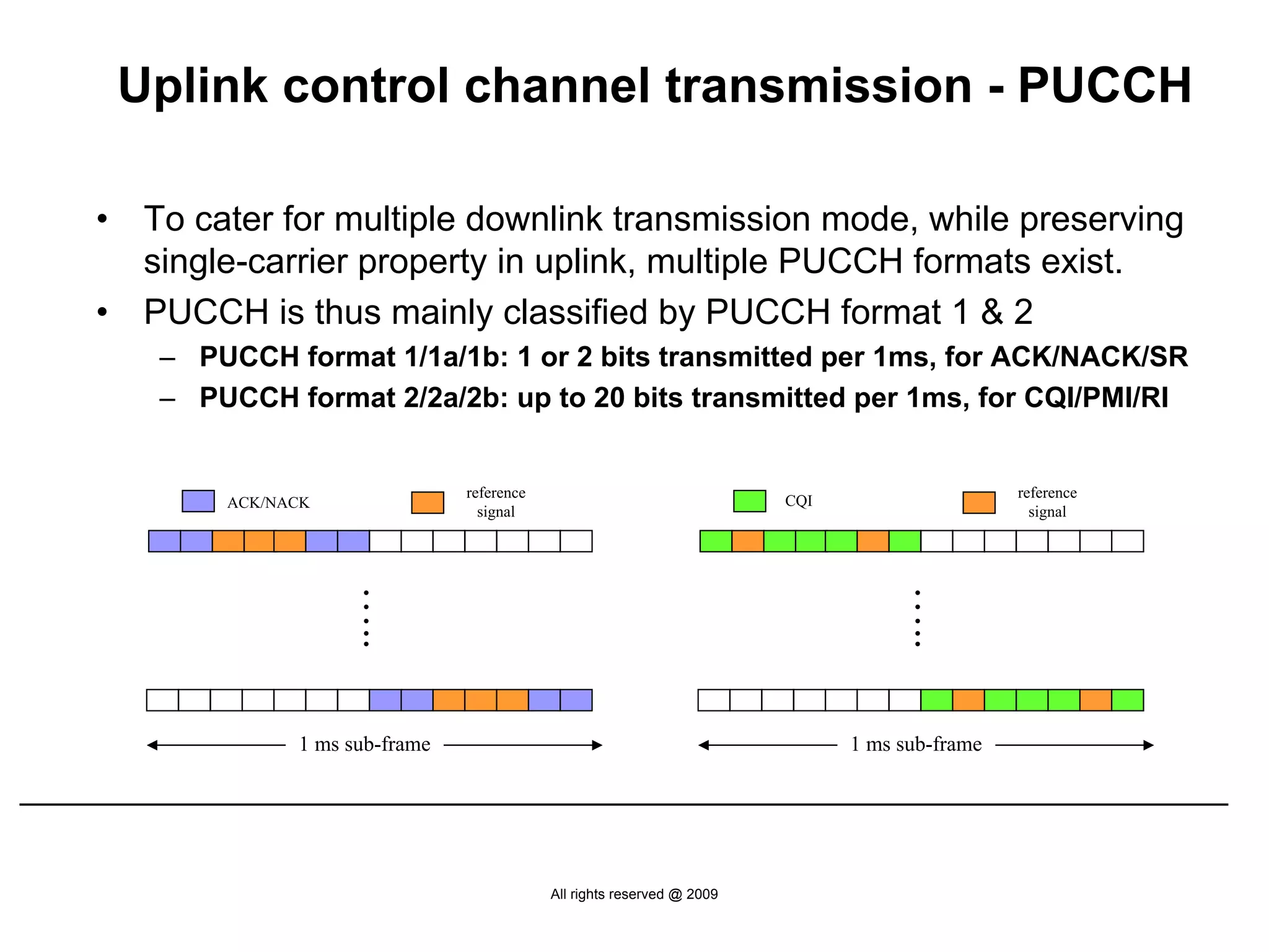Uplink control channel transmission - PUCCH

•    To cater for multiple downlink transmission mode, while preserving
     single-carrier property in uplink, multiple PUCCH formats exist.
•    PUCCH is thus mainly classified by PUCCH format 1 & 2
      – PUCCH format 1/1a/1b: 1 or 2 bits transmitted per 1ms, for ACK/NACK/SR
      – PUCCH format 2/2a/2b: up to 20 bits transmitted per 1ms, for CQI/PMI/RI


                                 reference                                                       reference
          ACK/NACK                                                        CQI
                                   signal                                                          signal
                      …..




                                                                                      …..
                1 ms sub-frame                                                  1 ms sub-frame




                                             All rights reserved @ 2009
 