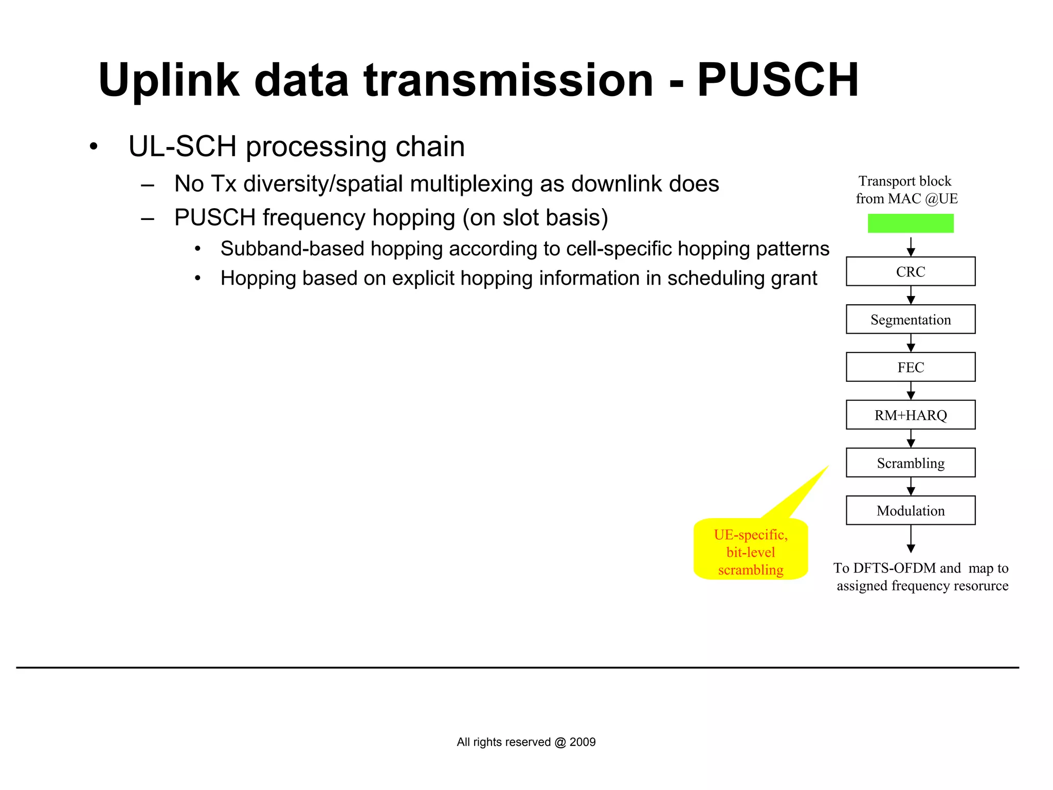 Uplink data transmission - PUSCH
•   UL-SCH processing chain
    – No Tx diversity/spatial multiplexing as downlink does                         Transport block
                                                                                   from MAC @UE
    – PUSCH frequency hopping (on slot basis)
         • Subband-based hopping according to cell-specific hopping patterns
                                                                                          CRC
         • Hopping based on explicit hopping information in scheduling grant
                                                                                     Segmentation


                                                                                          FEC


                                                                                      RM+HARQ


                                                                                      Scrambling


                                                                                      Modulation
                                                                 UE-specific,
                                                                  bit-level
                                                                 scrambling     To DFTS-OFDM and map to
                                                                                assigned frequency resorurce




                                    All rights reserved @ 2009
 