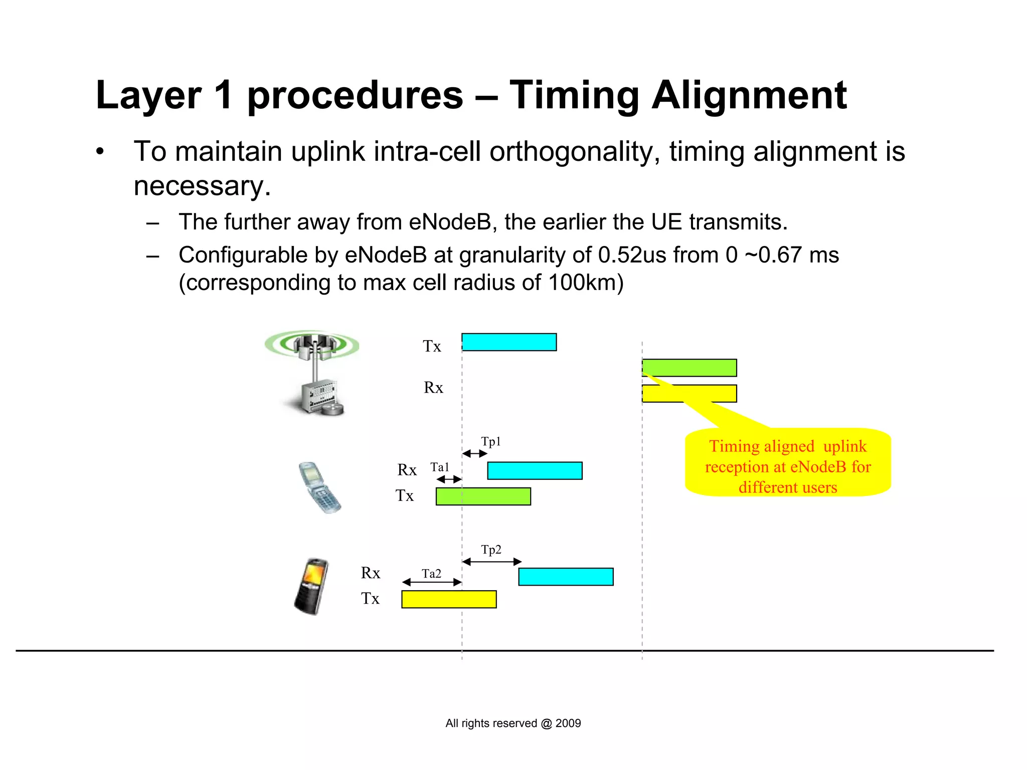 Layer 1 procedures – Timing Alignment
•   To maintain uplink intra-cell orthogonality, timing alignment is
    necessary.
     – The further away from eNodeB, the earlier the UE transmits.
     – Configurable by eNodeB at granularity of 0.52us from 0 ~0.67 ms
       (corresponding to max cell radius of 100km)

                                   Tx

                                   Rx


                                               Tp1                     Timing aligned uplink
                              Rx    Ta1                               reception at eNodeB for
                              Tx                                           different users


                                               Tp2
                         Rx        Ta2

                         Tx




                                         All rights reserved @ 2009
 
