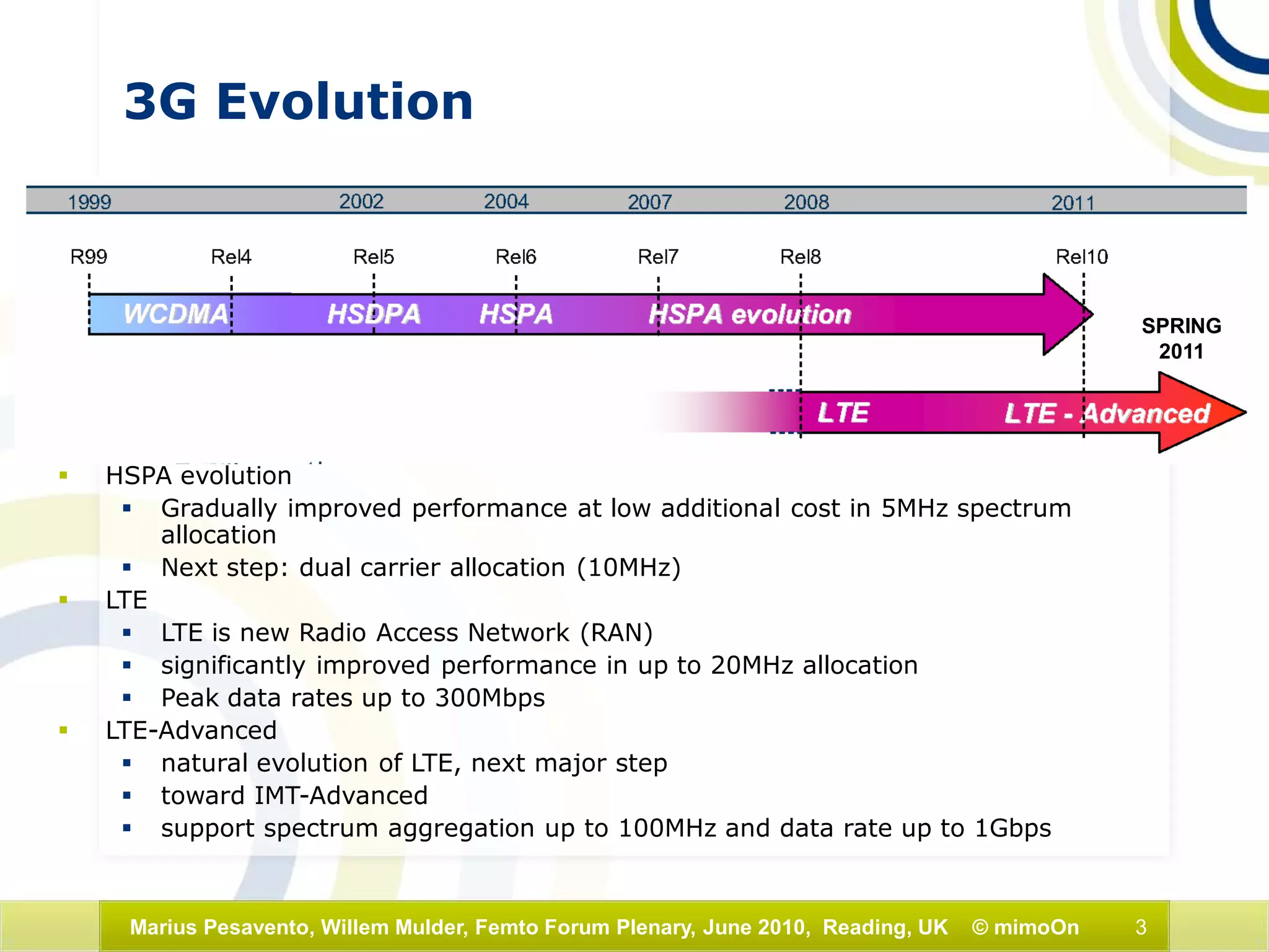 3Marius Pesavento, Willem Mulder, Femto Forum Plenary, June 2010, Reading, UK © mimoOn
3G Evolution
 HSPA evolution
 Gradually improved performance at low additional cost in 5MHz spectrum
allocation
 Next step: dual carrier allocation (10MHz)
 LTE
 LTE is new Radio Access Network (RAN)
 significantly improved performance in up to 20MHz allocation
 Peak data rates up to 300Mbps
 LTE-Advanced
 natural evolution of LTE, next major step
 toward IMT-Advanced
 support spectrum aggregation up to 100MHz and data rate up to 1Gbps
SPRING
2011
 