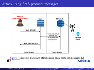 Attack using SMS protocol messages
Figure : Location disclosure attack using SMS protocol messages [2]
Sid Rao (Aalto/Nokia) LTE location tracking using IWF IFIP Networking 2016 12 / 37
 