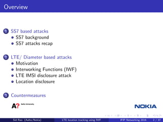 Overview
1 SS7 based attacks
SS7 background
SS7 attacks recap
2 LTE/ Diameter based attacks
Motivation
Interworking Functions (IWF)
LTE IMSI disclosure attack
Location disclosure
3 Countermeasures
Sid Rao (Aalto/Nokia) LTE location tracking using IWF IFIP Networking 2016 2 / 37
 