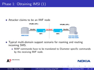 Phase 1: Obtaining IMSI (1)
Attacker claims to be an IWF node
Typical multi-domain support scenario for roaming and routing
incoming SMS.
MAP commands have to be translated to Diameter speciﬁc commands
by the receiving IWF node.
Sid Rao (Aalto/Nokia) LTE location tracking using IWF IFIP Networking 2016 24 / 37
 