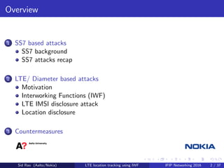 Overview
1 SS7 based attacks
SS7 background
SS7 attacks recap
2 LTE/ Diameter based attacks
Motivation
Interworking Functi...