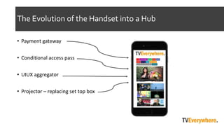 The Evolution of the Handset into a Hub
? Payment gateway
? Conditional access pass
? UIUX aggregator
? Projector C replacing set top box
 