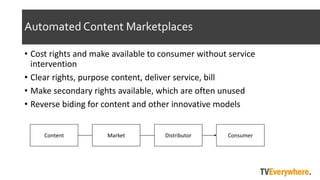 Automated Content Marketplaces
? Cost rights and make available to consumer without service
intervention
? Clear rights, purpose content, deliver service, bill
? Make secondary rights available, which are often unused
? Reverse biding for content and other innovative models
Content ConsumerMarket Distributor
 