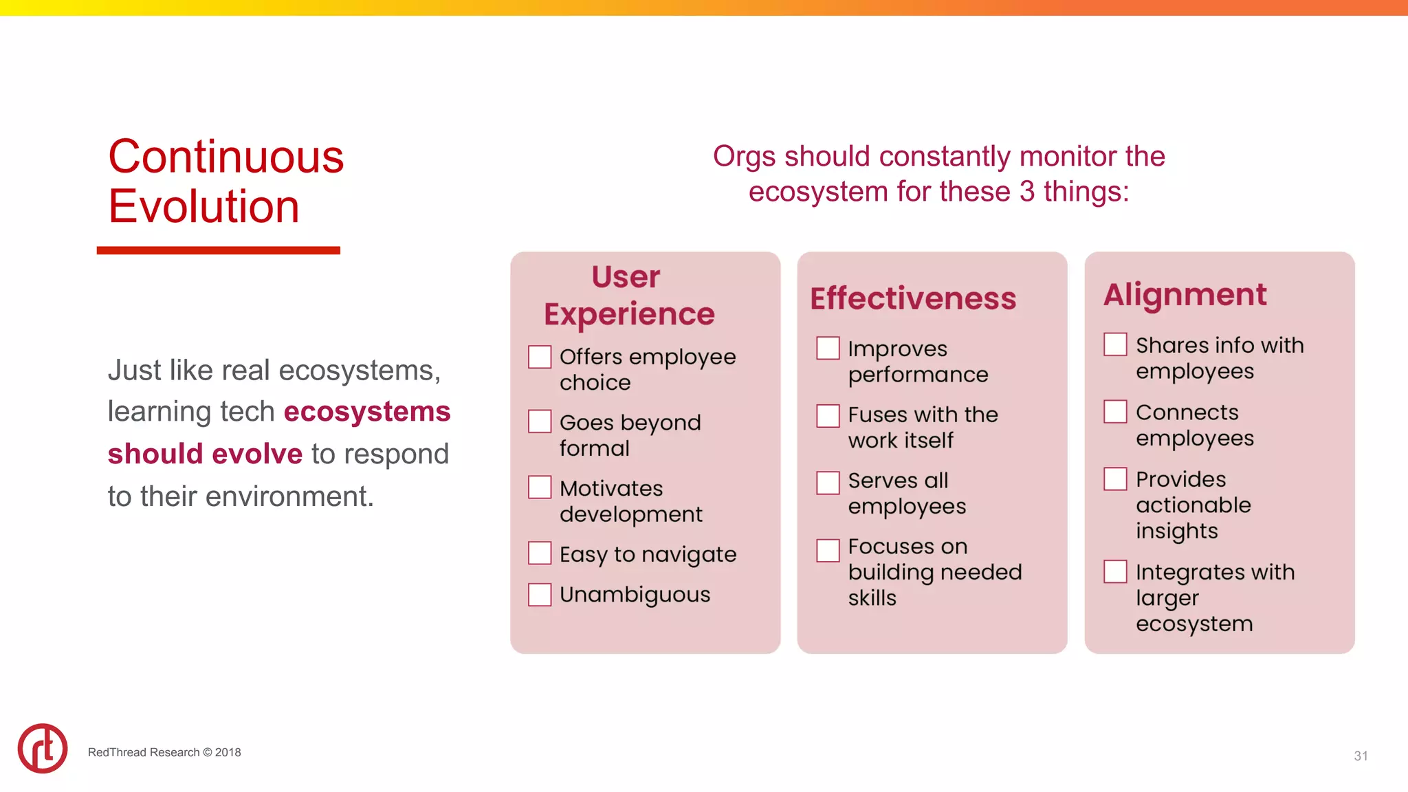 RedThread Research © 2018
Continuous
Evolution
Just like real ecosystems,
learning tech ecosystems
should evolve to respond
to their environment.
31
Orgs should constantly monitor the
ecosystem for these 3 things:
 