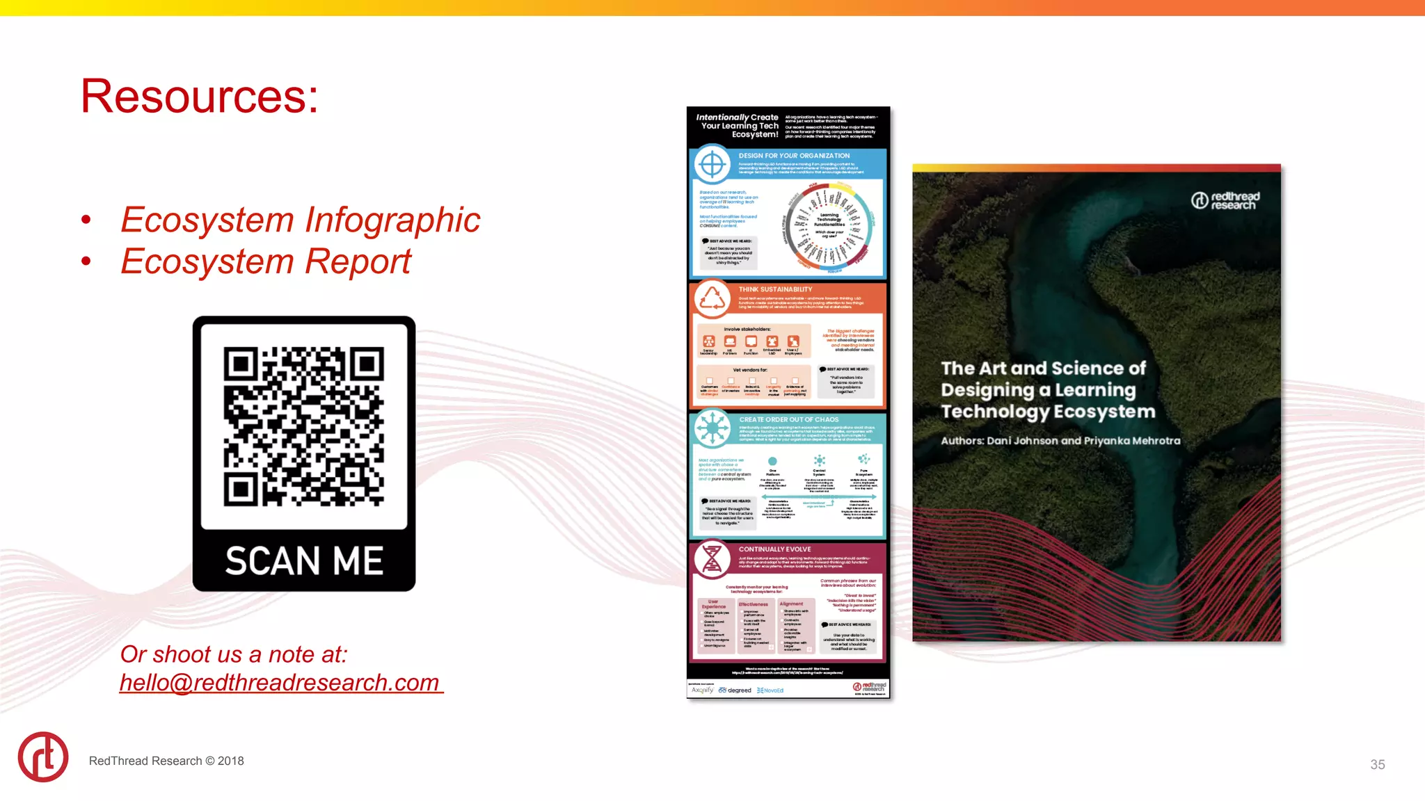 RedThread Research © 2018 35
Resources:
•  Ecosystem Infographic
•  Ecosystem Report
Or shoot us a note at:
hello@redthreadresearch.com
	
 