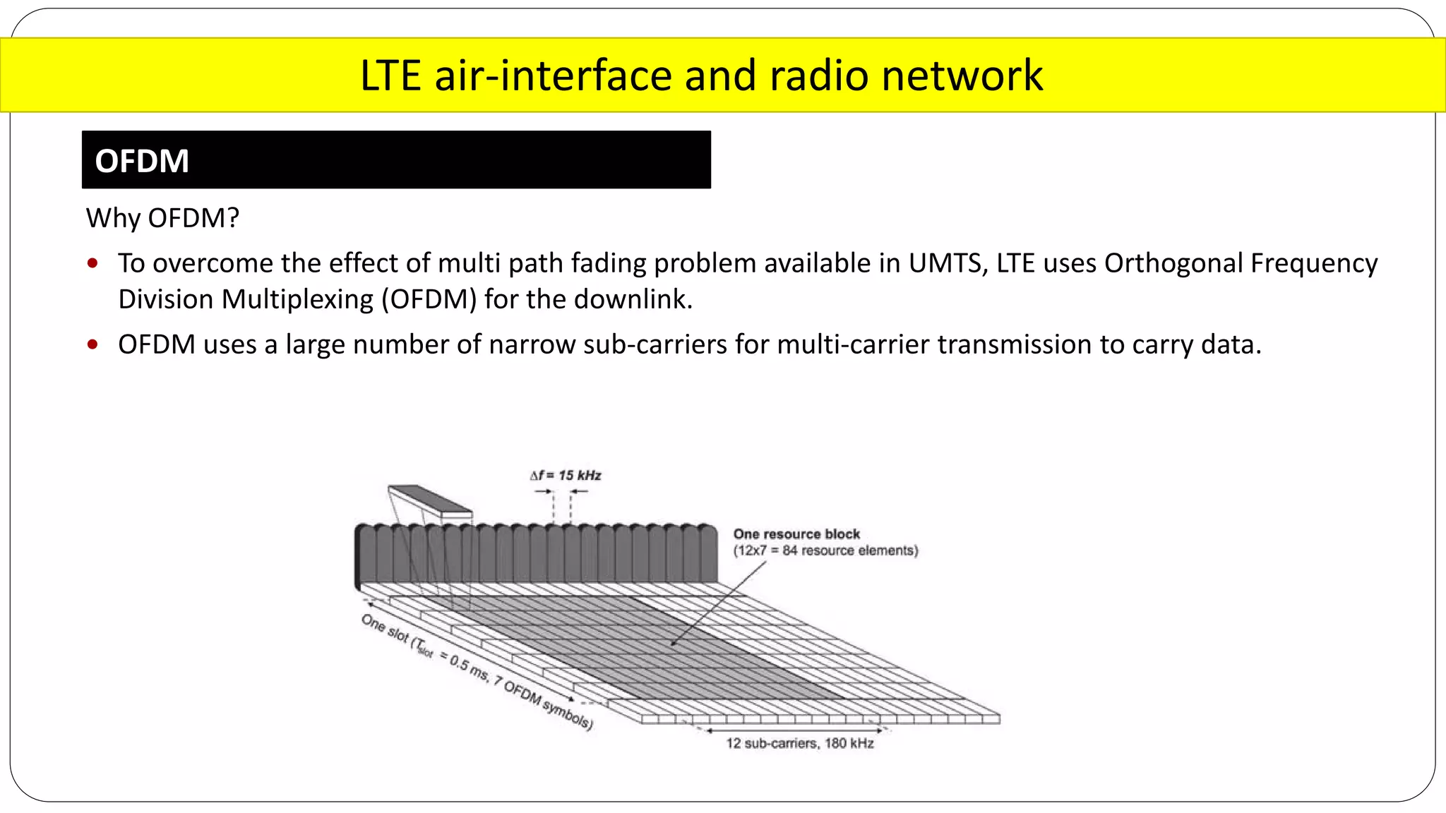 LTE air-interface and radio network
OFDM
Why OFDM?
 To overcome the effect of multi path fading problem available in UMTS, LTE uses Orthogonal Frequency
Division Multiplexing (OFDM) for the downlink.
 OFDM uses a large number of narrow sub-carriers for multi-carrier transmission to carry data.
 