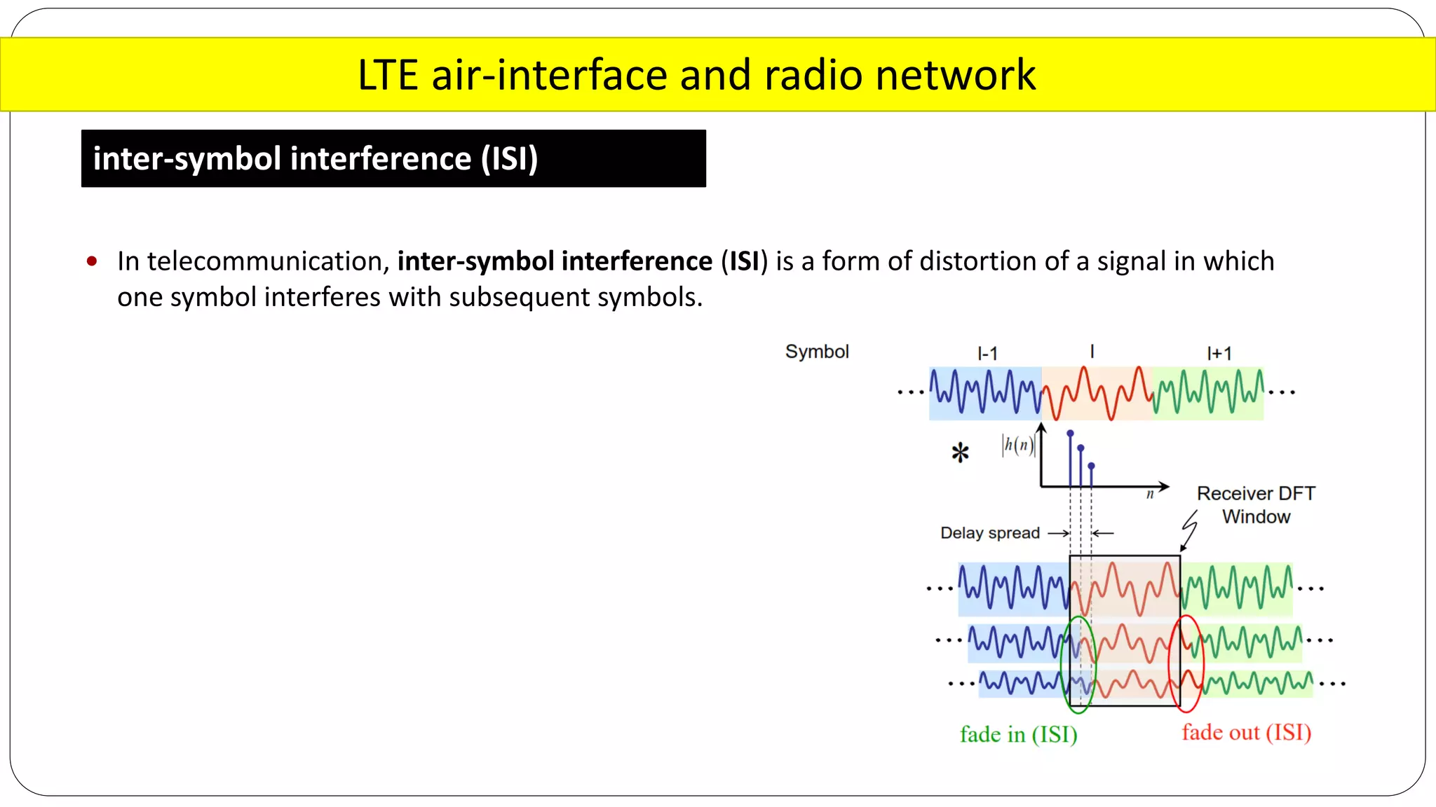 LTE air-interface and radio network
inter-symbol interference (ISI)
 In telecommunication, inter-symbol interference (ISI) is a form of distortion of a signal in which
one symbol interferes with subsequent symbols.
 