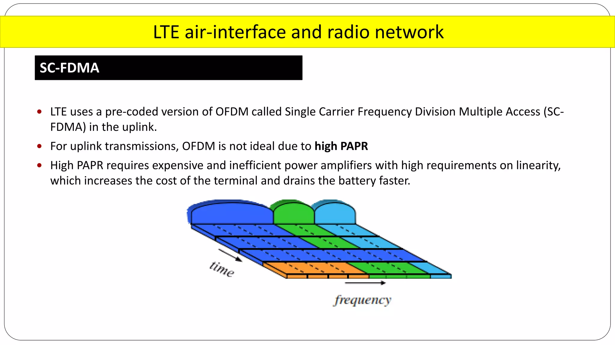 LTE air-interface and radio network
SC-FDMA
 LTE uses a pre-coded version of OFDM called Single Carrier Frequency Division Multiple Access (SC-
FDMA) in the uplink.
 For uplink transmissions, OFDM is not ideal due to high PAPR
 High PAPR requires expensive and inefficient power amplifiers with high requirements on linearity,
which increases the cost of the terminal and drains the battery faster.
 