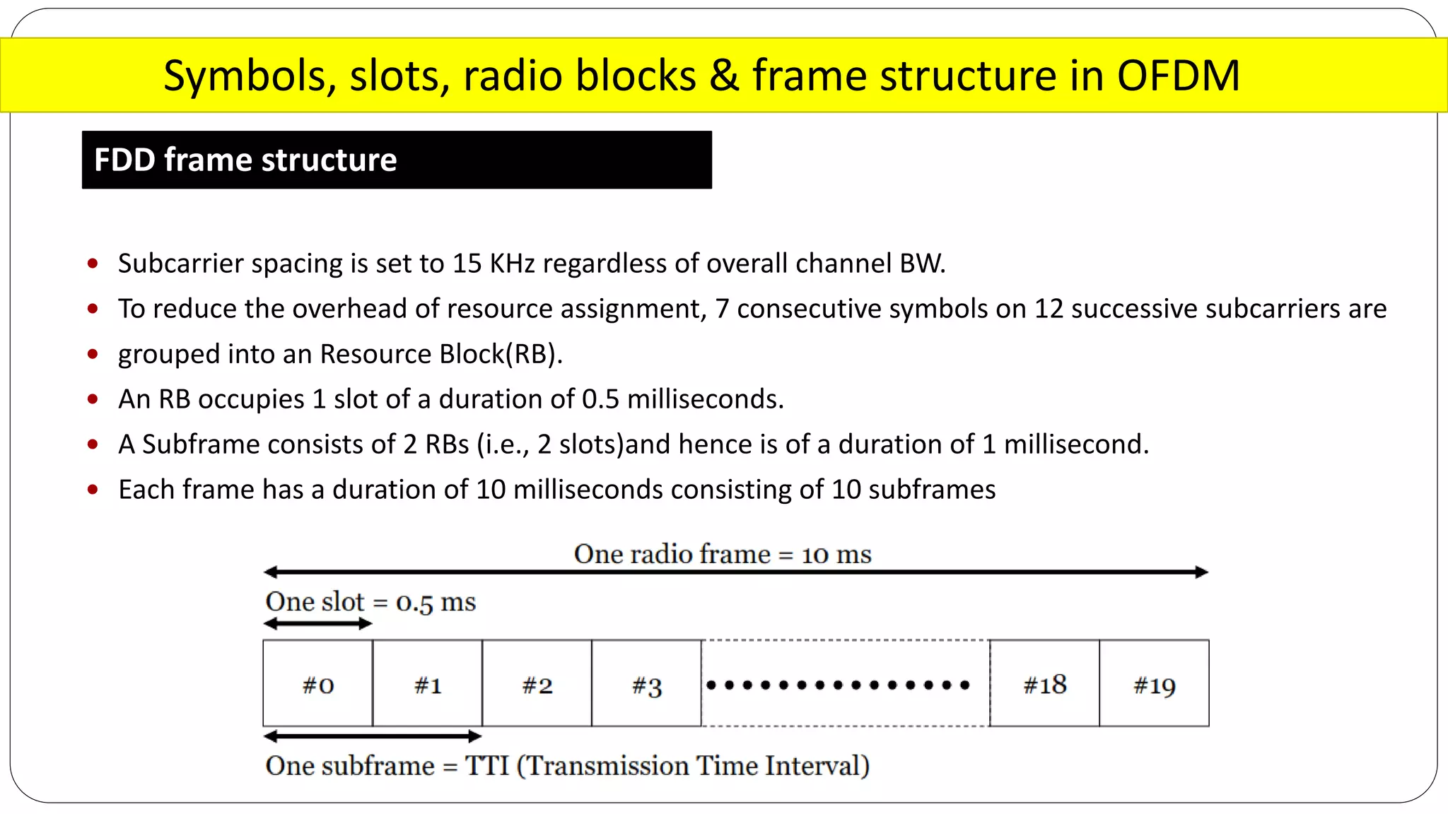 Symbols, slots, radio blocks & frame structure in OFDM
FDD frame structure
 Subcarrier spacing is set to 15 KHz regardless of overall channel BW.
 To reduce the overhead of resource assignment, 7 consecutive symbols on 12 successive subcarriers are
 grouped into an Resource Block(RB).
 An RB occupies 1 slot of a duration of 0.5 milliseconds.
 A Subframe consists of 2 RBs (i.e., 2 slots)and hence is of a duration of 1 millisecond.
 Each frame has a duration of 10 milliseconds consisting of 10 subframes
 