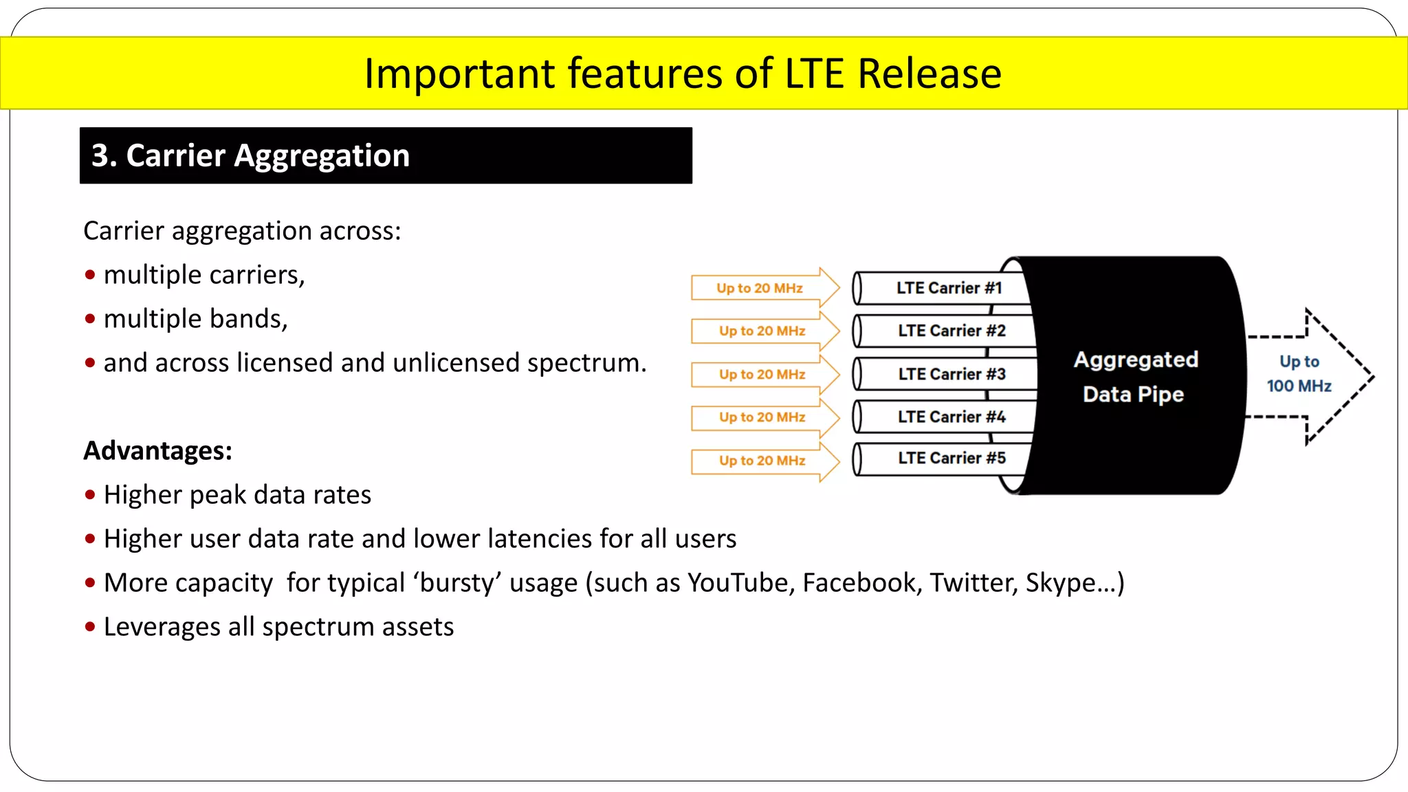 Important features of LTE Release
3. Carrier Aggregation
Carrier aggregation across:
 multiple carriers,
 multiple bands,
 and across licensed and unlicensed spectrum.
Advantages:
 Higher peak data rates
 Higher user data rate and lower latencies for all users
 More capacity for typical ‘bursty’ usage (such as YouTube, Facebook, Twitter, Skype…)
 Leverages all spectrum assets
 