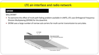 LTE air-interface and radio network
OFDM
Why OFDM?
 To overcome the effect of multi path fading problem available in UMTS, LTE uses Orthogonal Frequency
Division Multiplexing (OFDM) for the downlink.
 OFDM uses a large number of narrow sub-carriers for multi-carrier transmission to carry data.
 