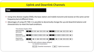 Uplink and Downlink Channels
TDD
 Using time division duplex (TDD), the base station and mobile transmit and receive on the same carrier
frequency but at different times.
 Advantages of using LTE TDD: it is possible to dynamically change the up and downlink balance and
characteristics to meet the load conditions.
 