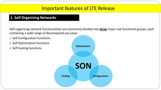 Important features of LTE Release
1. Self Organizing Networks
Self organizing network functionalities are commonly divided into three major sub functional groups, each
containing a wide range of decomposed use cases.
1. Self Configuration functions
2. Self Optimization functions
3. Self healing functions
SON
Optimization
Configurationhealing
 
