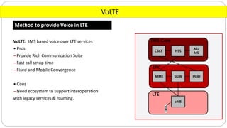 VoLTE
Method to provide Voice in LTE
VoLTE: IMS based voice over LTE services
• Pros
-Provide Rich Communication Suite
-Fast call setup time
-Fixed and Mobile Convergence
• Cons
-Need ecosystem to support interoperation
with legacy services & roaming.
 