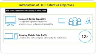 Growing Mobile Data Traffic
● Mobile data traffic will grow 12 times by the end of 2018
Introduction of LTE; Features & Objectives
LTE subscribers consume more & more data
Increased Device Capability
● Larger and higher quality screens
● More memory and processing capability
12×
 