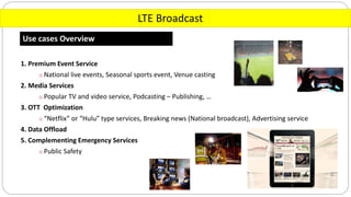 LTE Broadcast
Use cases Overview
1. Premium Event Service
o National live events, Seasonal sports event, Venue casting
2. Media Services
o Popular TV and video service, Podcasting – Publishing, …
3. OTT Optimization
o “Netflix” or “Hulu” type services, Breaking news (National broadcast), Advertising service
4. Data Offload
5. Complementing Emergency Services
o Public Safety
 