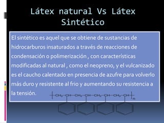 Látex natural Vs Látex
Sintético
El sintético es aquel que se obtiene de sustancias de
hidrocarburos insaturados a través de reacciones de
condensación o polimerización , con características
modificadas al natural , como el neopreno, y el vulcanizado
es el caucho calentado en presencia de azufre para volverlo
más duro y resistente al frio y aumentando su resistencia a
la tensión.
 